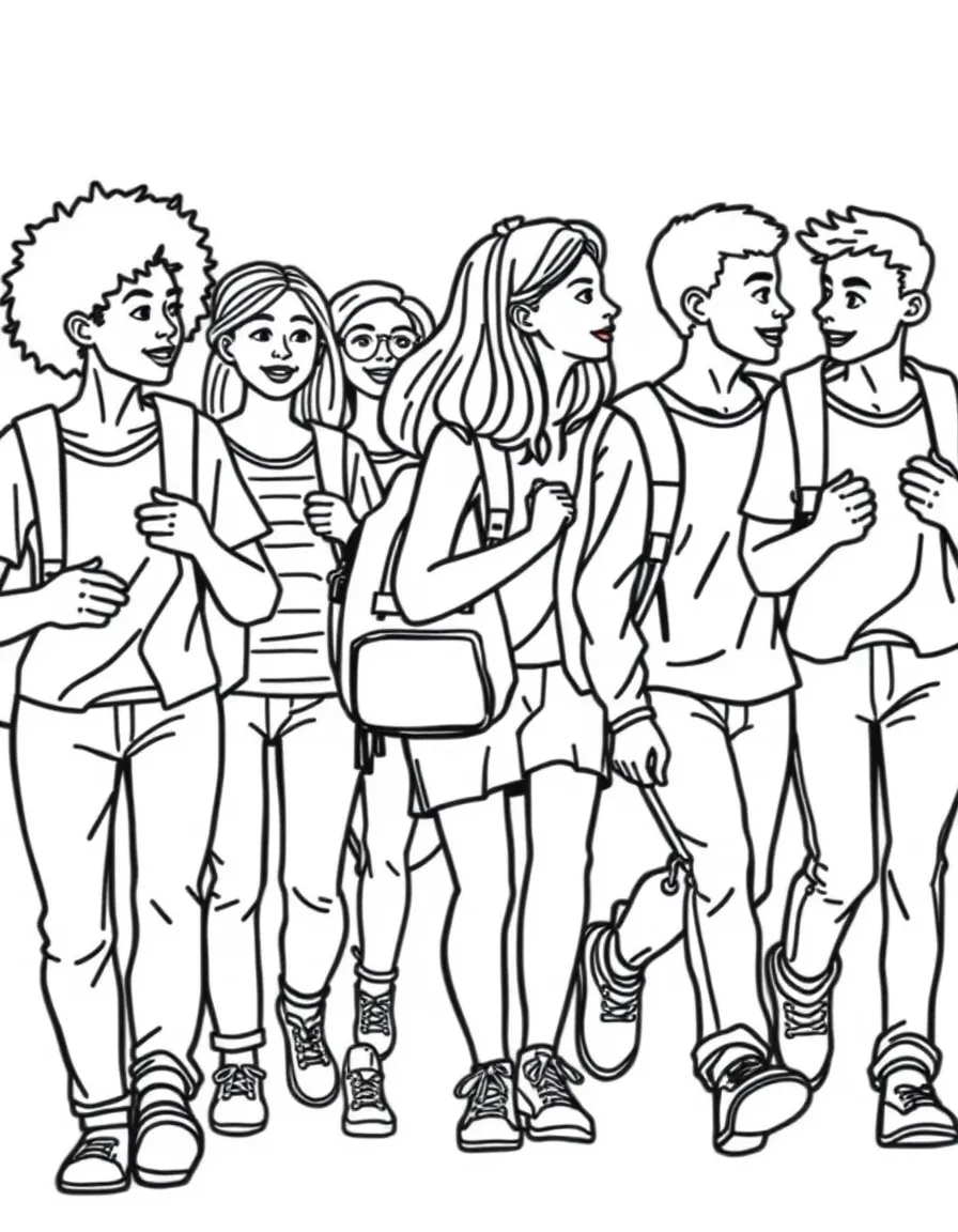 A group of diverse students walking together with backpacks