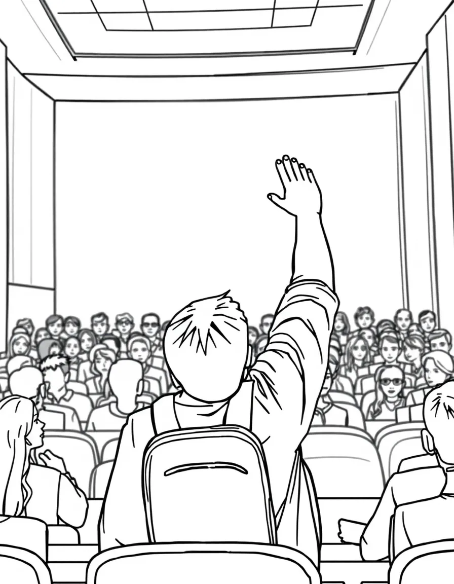 A student raising their hand in a college lecture hall