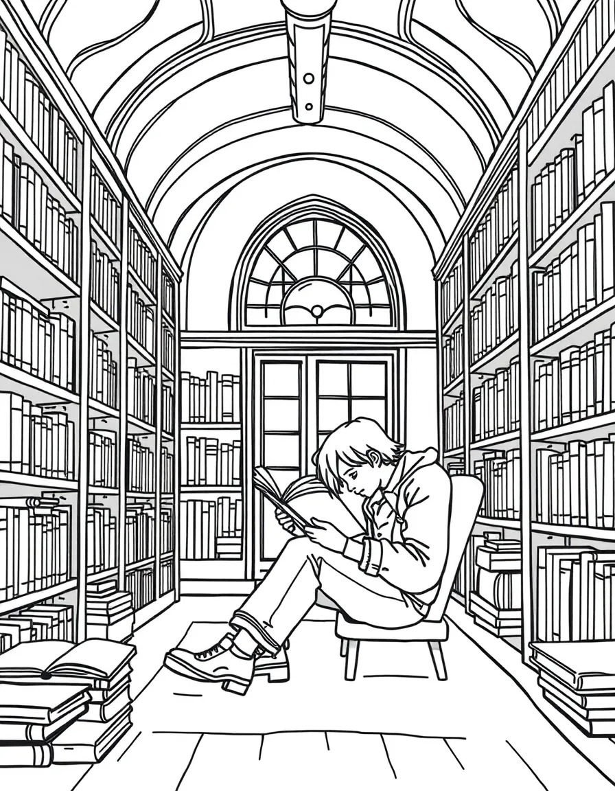 A cozy college library filled with books and a reading student