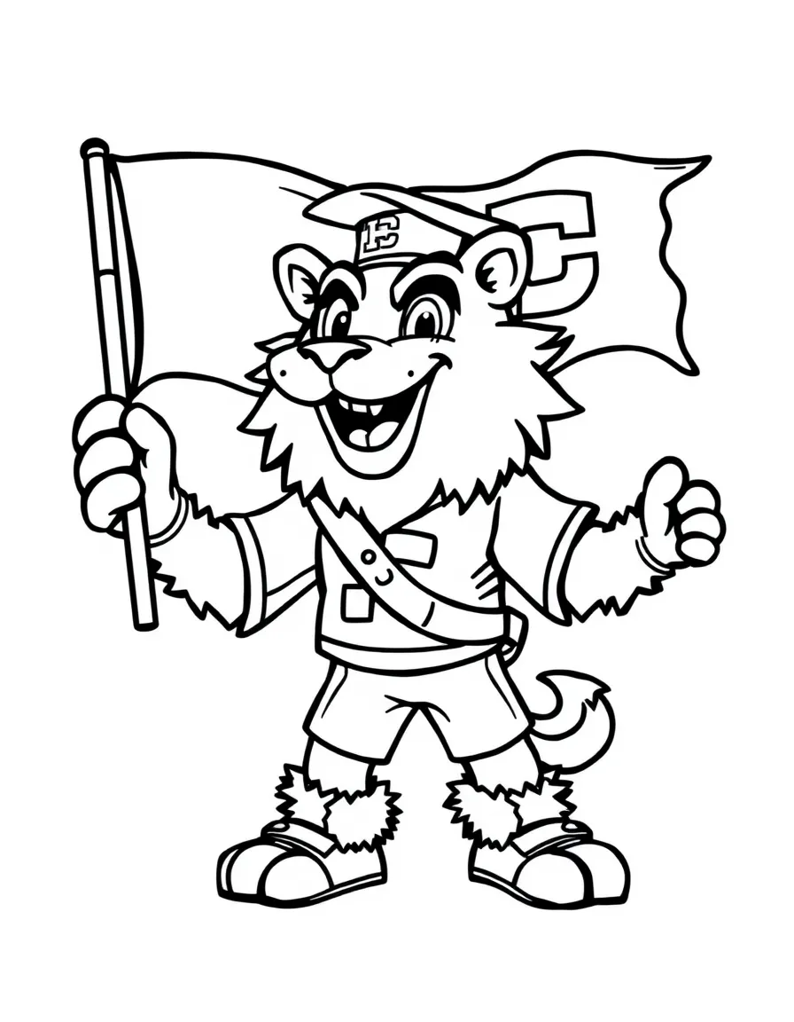 A college mascot waving a school flag