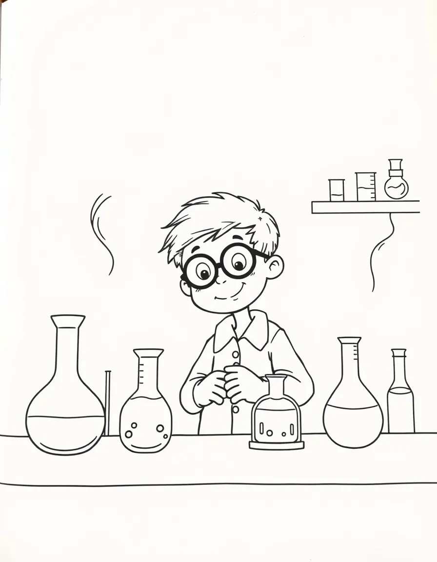 A science lab with beakers, test tubes, and a curious student