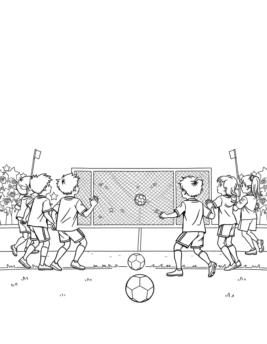 A sports field with students playing soccer and cheering