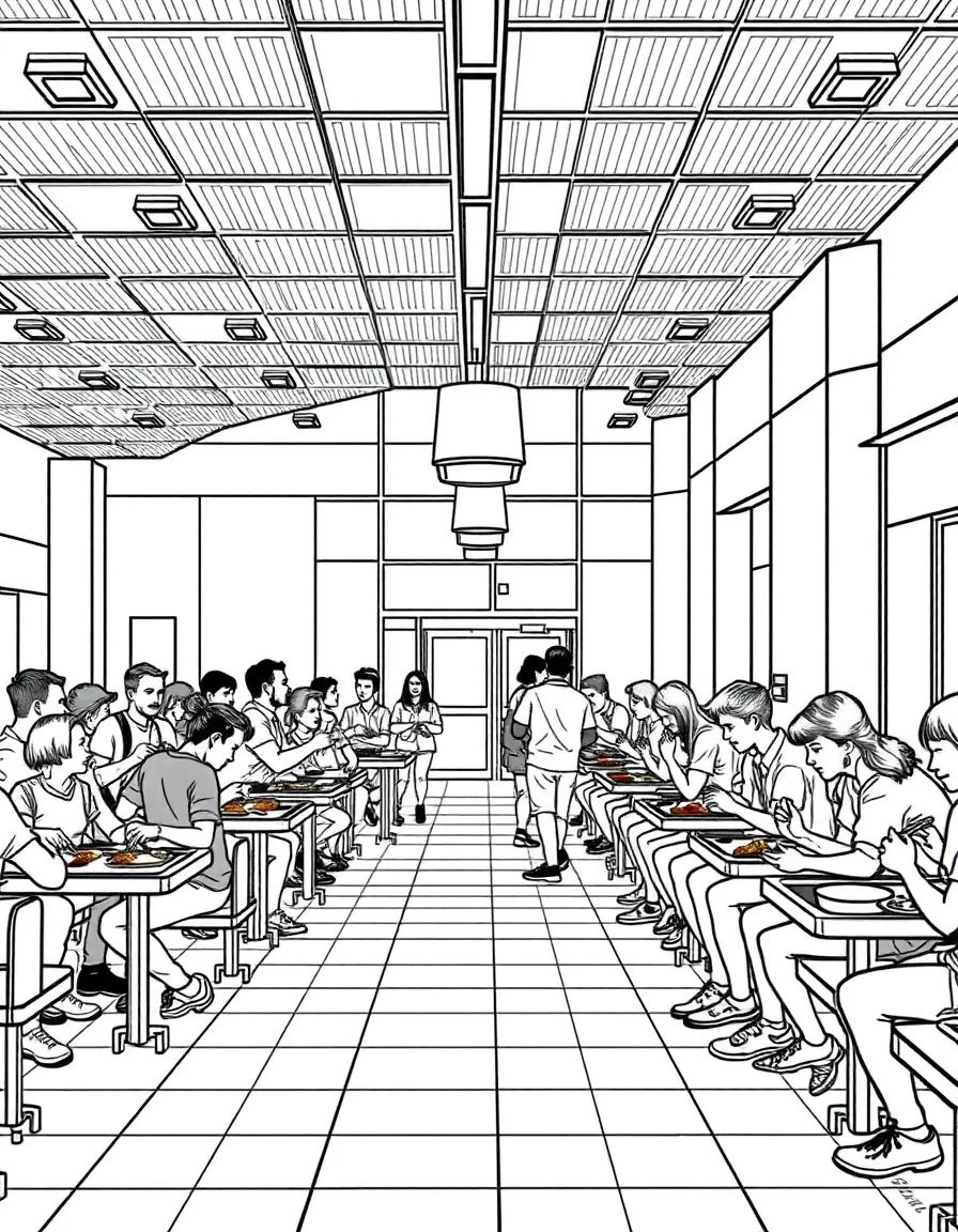 A college cafeteria with trays of food and students eating