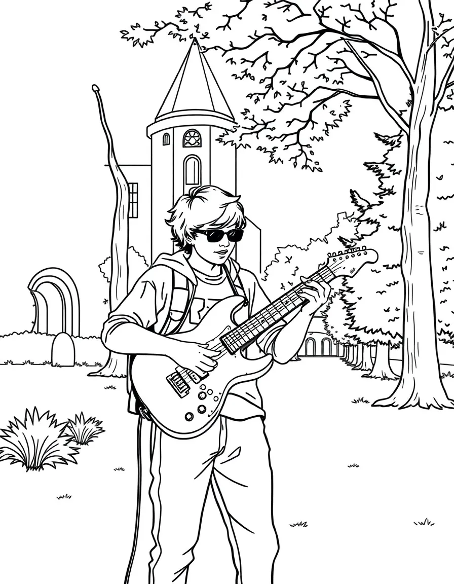A music student playing guitar on campus