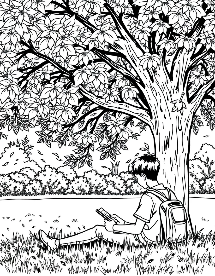 A student studying on the grass under a tree with notebooks