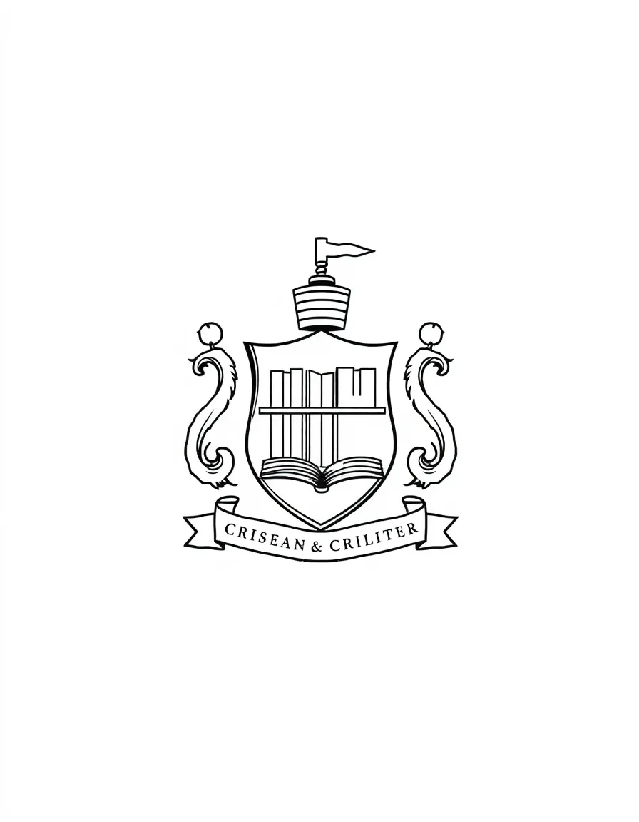 A university logo or crest with symbols like books and torches