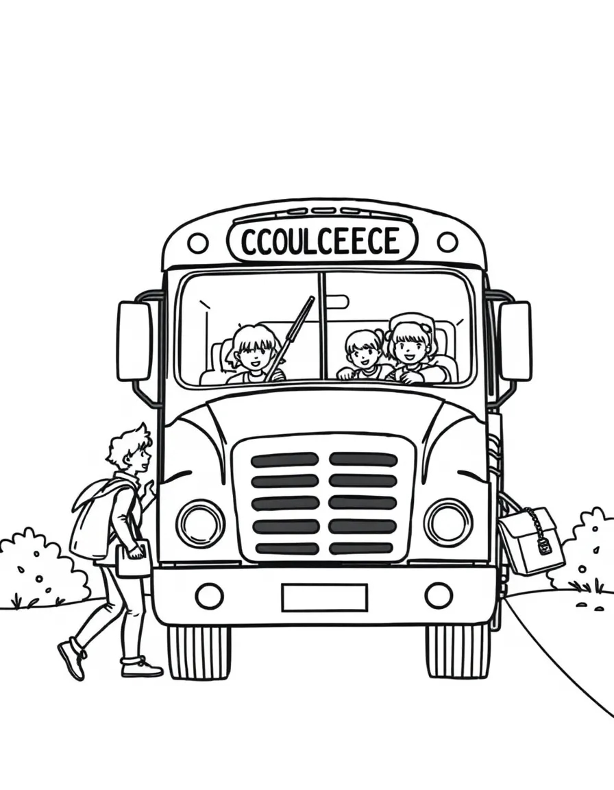 A college bus arriving with happy students getting off