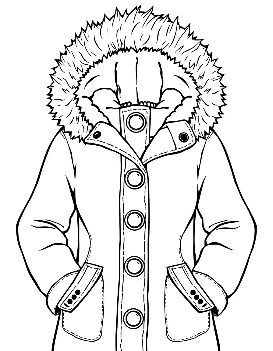(clothing) A winter coat with big buttons and a furry hood