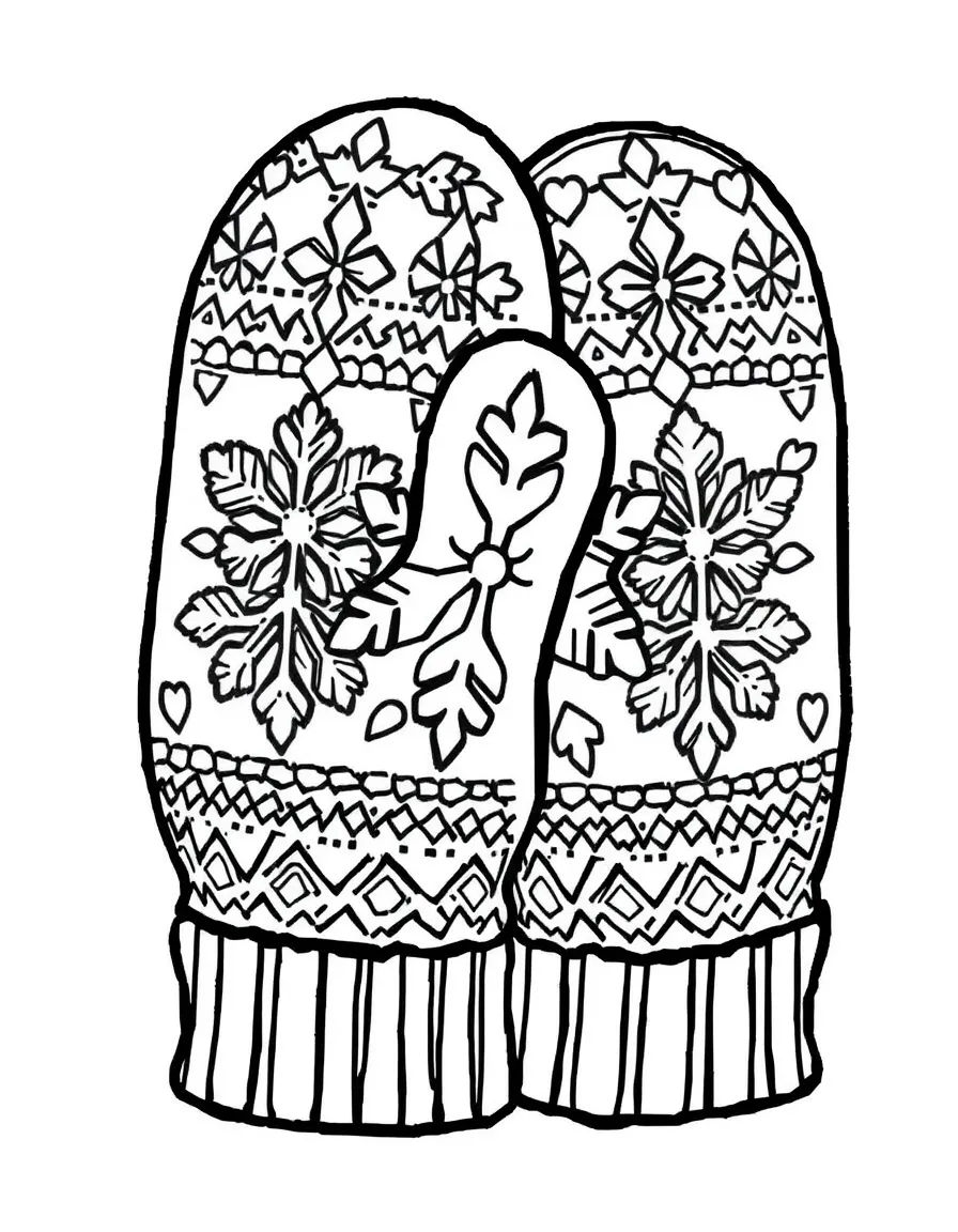 (clothing) A pair of mittens with a snowflake pattern