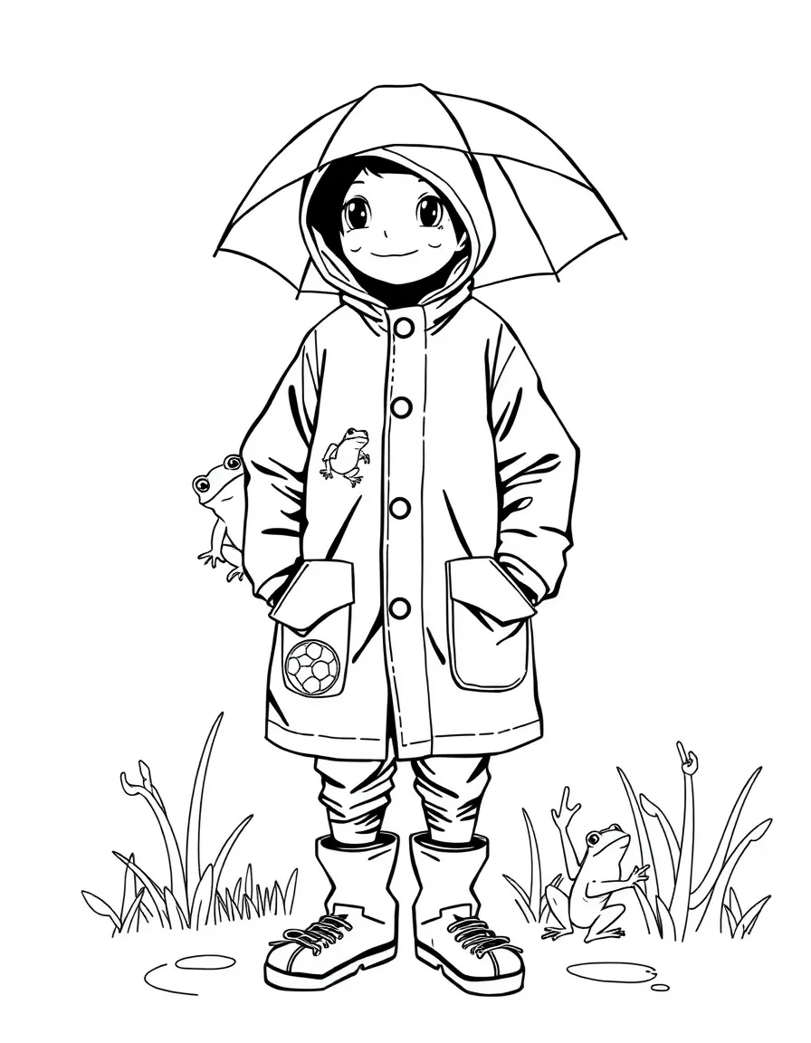 (clothing) A raincoat with frogs and umbrellas