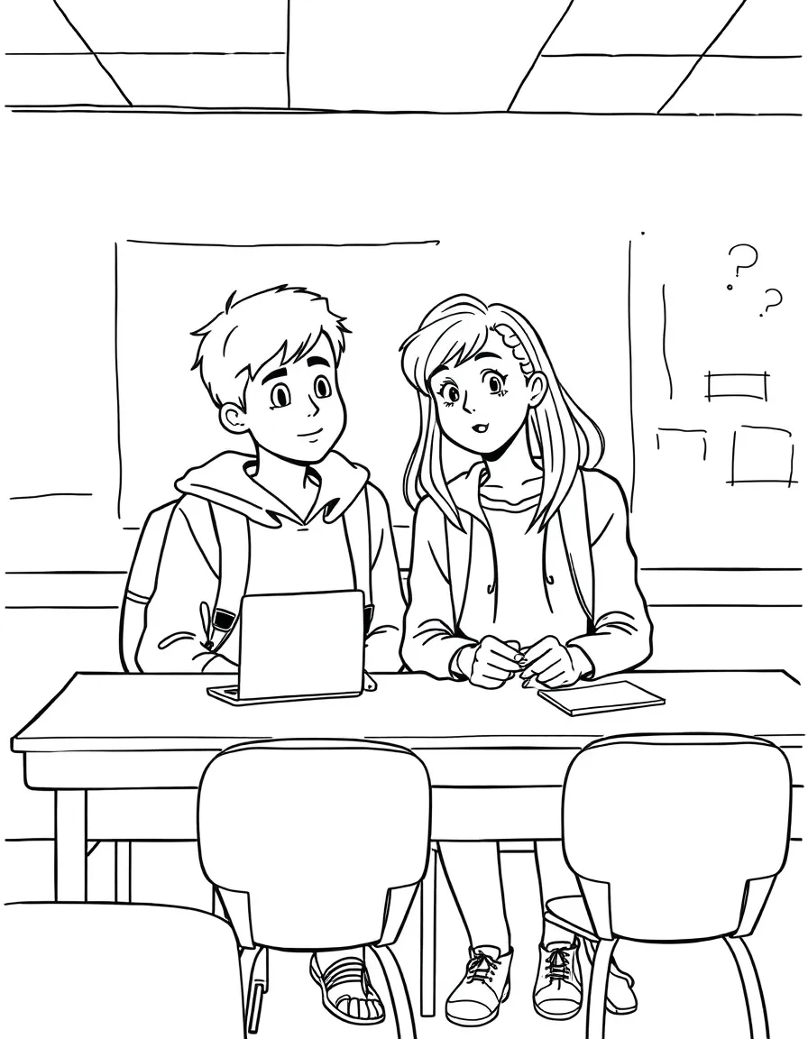 Two students talking secretly during a classroom quiz