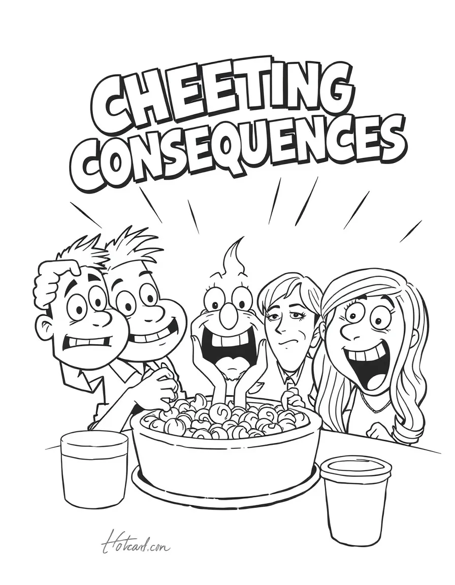 A comic-style “Cheating Consequences” scene with funny faces