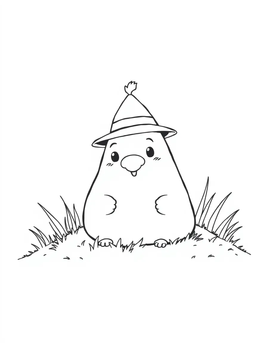 A friendly mole wearing a tiny hat, popping out of a grassy hill