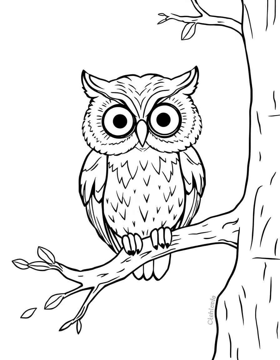 A wise old owl sitting on a tree branch with big round eyes