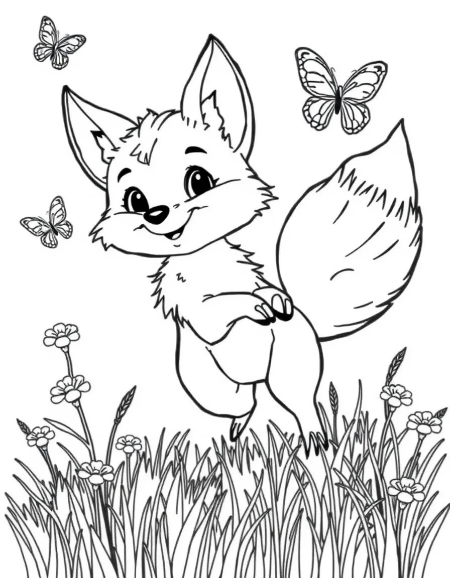 A playful fox with a bushy tail chasing butterflies in a meadow