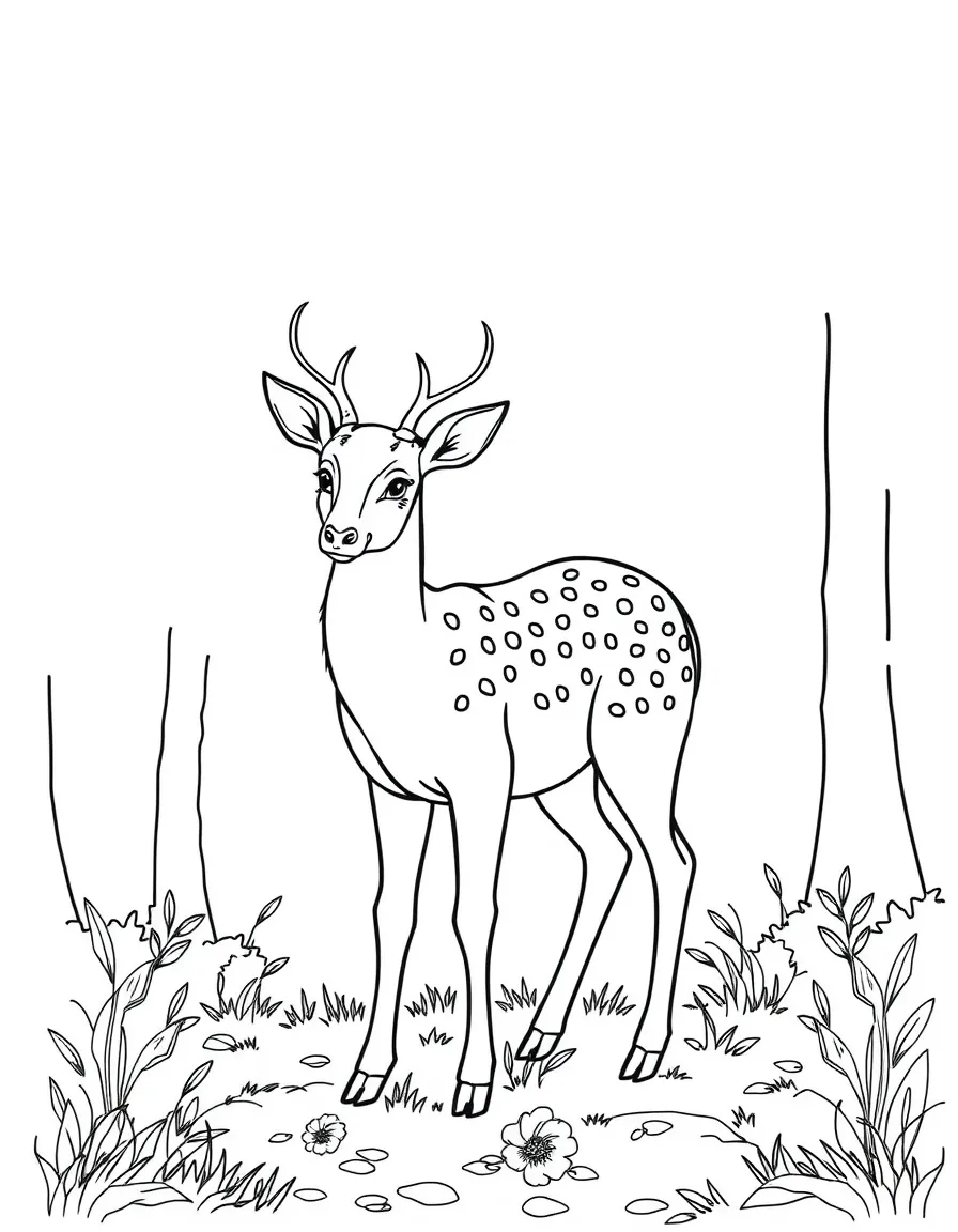 A gentle deer with spotted fur standing in a forest clearing