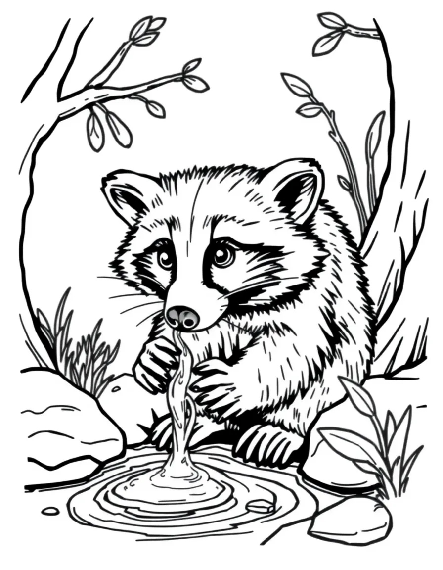 A curious raccoon washing its paws by a stream