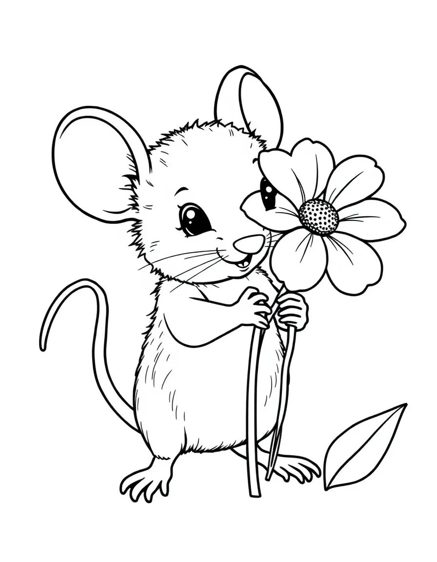 A brave little mouse holding a flower twice its size