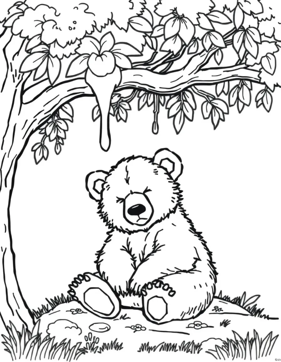 A sleepy bear cub sitting under a honey tree