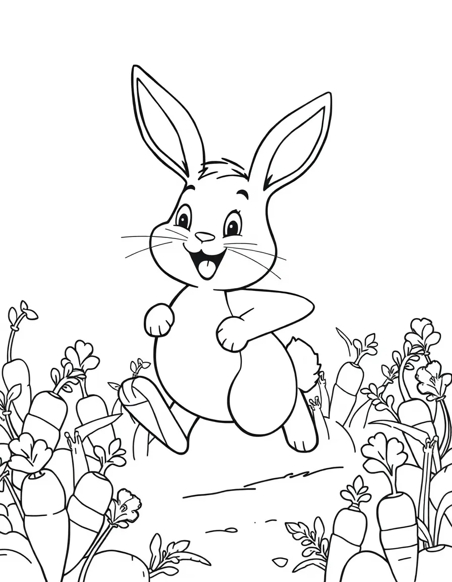 A cheerful rabbit hopping through a garden of carrots