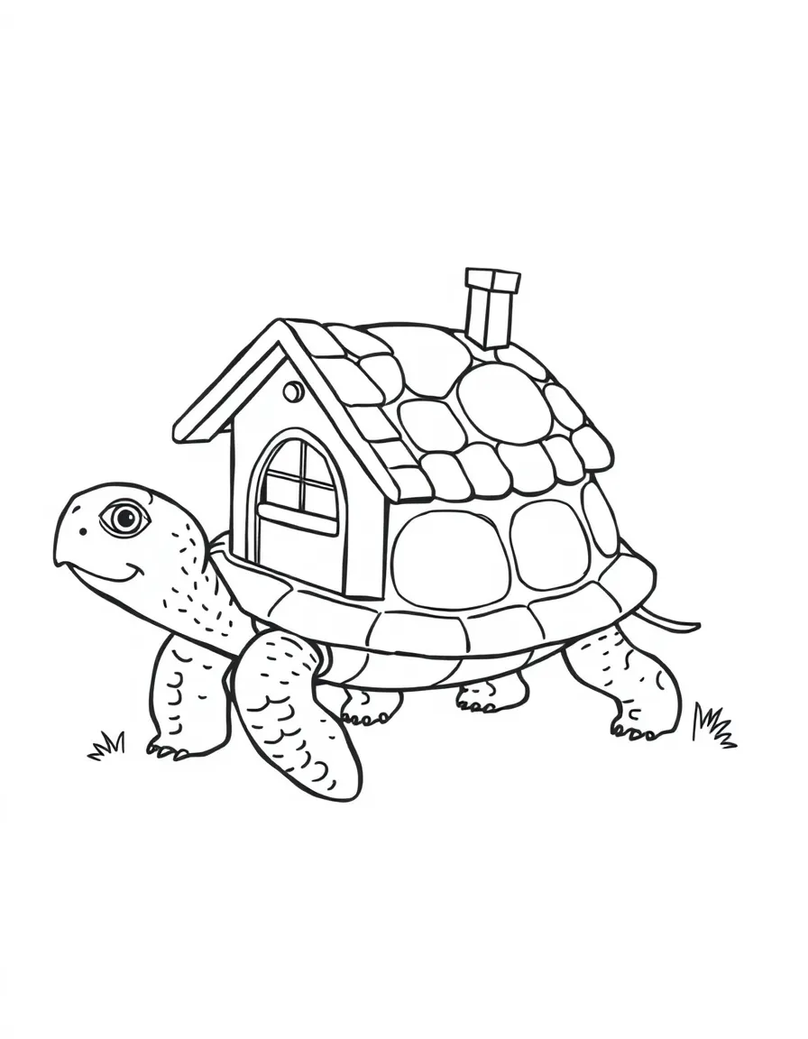 A wise turtle carrying a tiny house on its shell