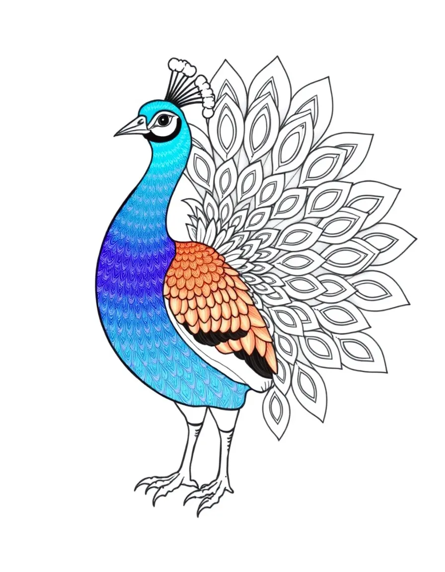 A colorful peacock displaying its magnificent tail feathers