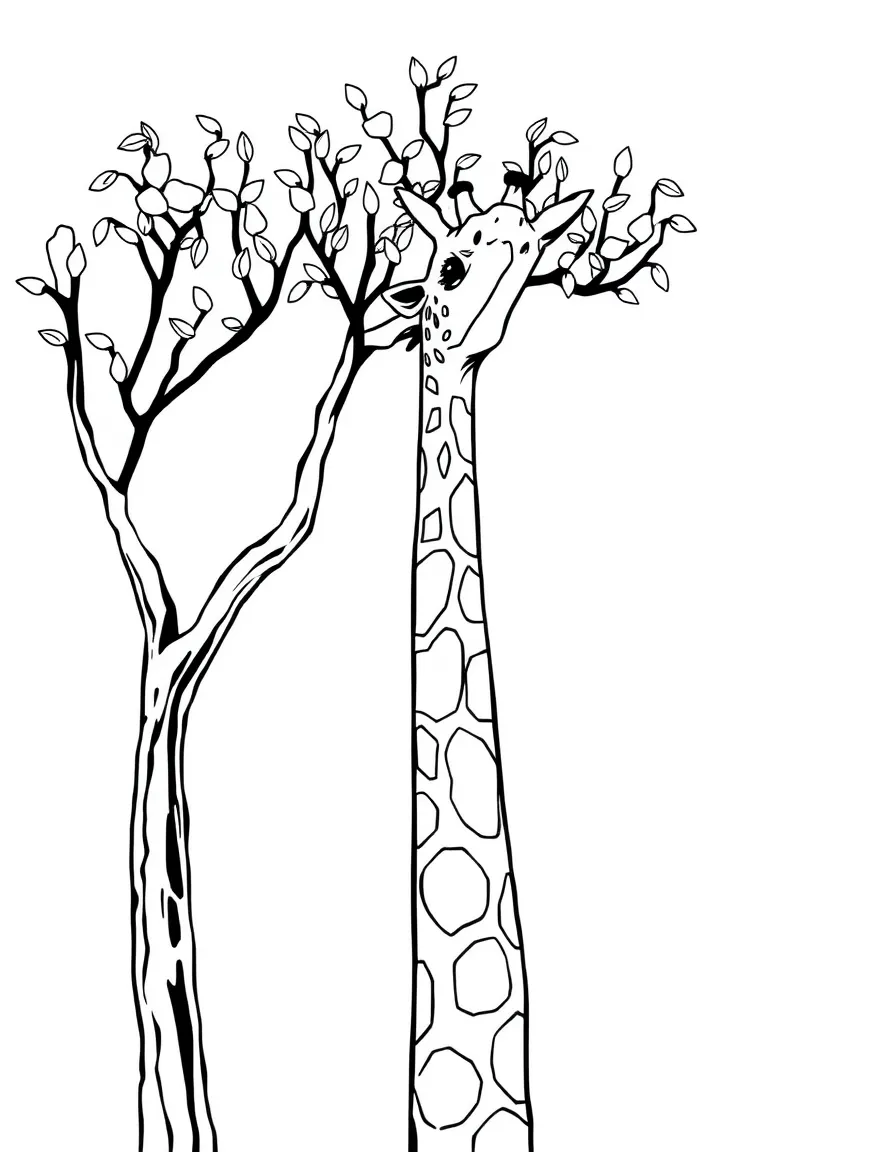 A tall giraffe reaching for leaves in a acacia tree