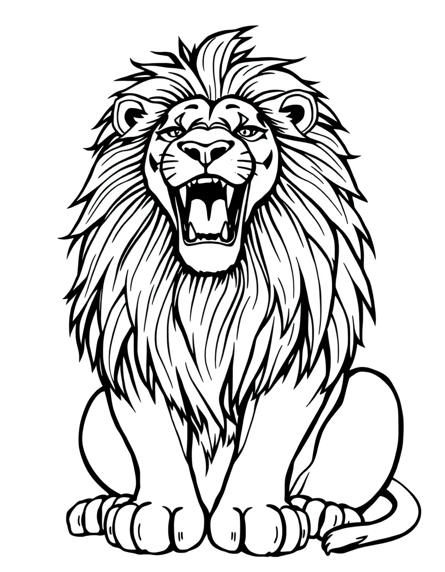 A roaring lion with a magnificent mane sitting proudly