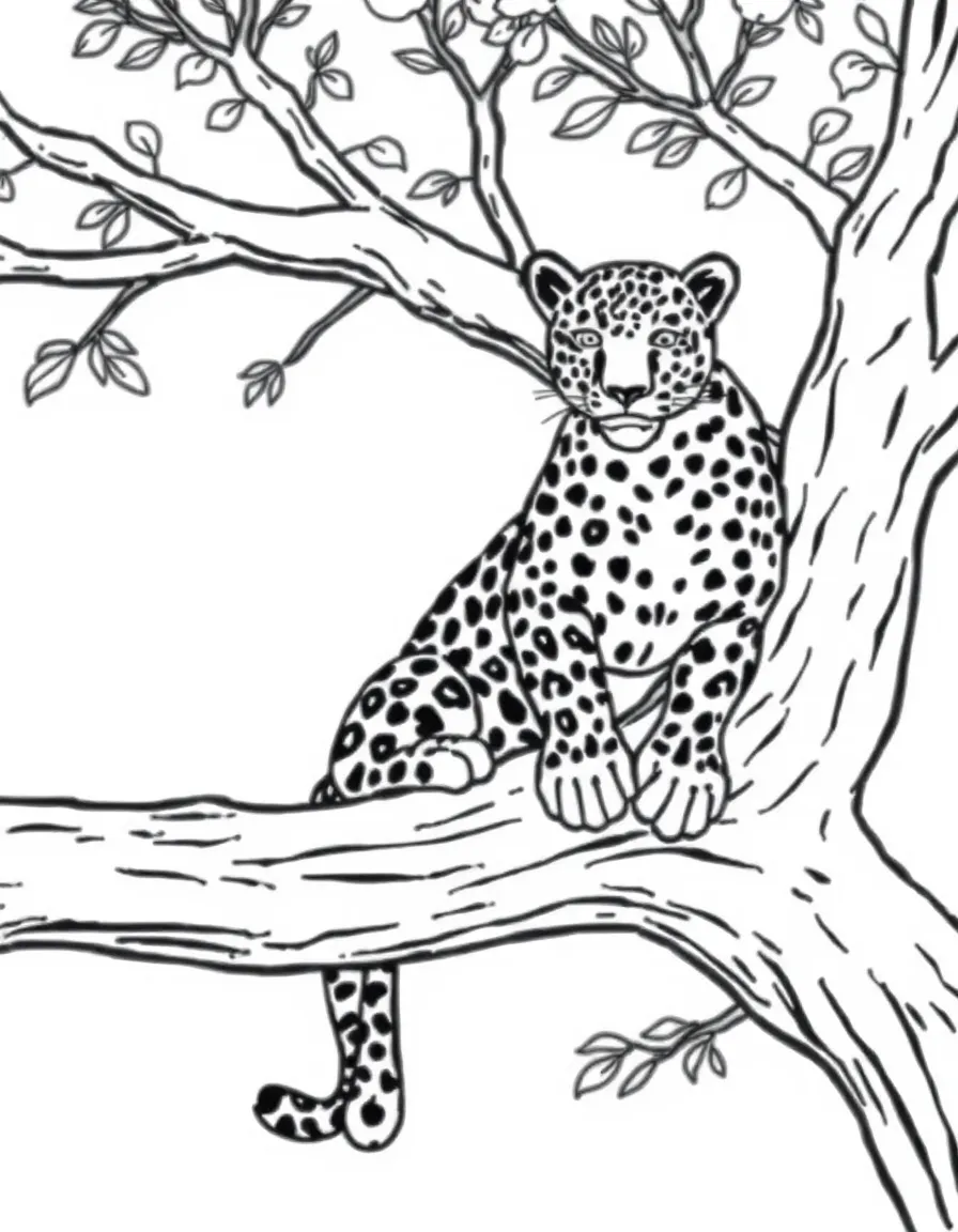 A spotted leopard resting on a tree branch