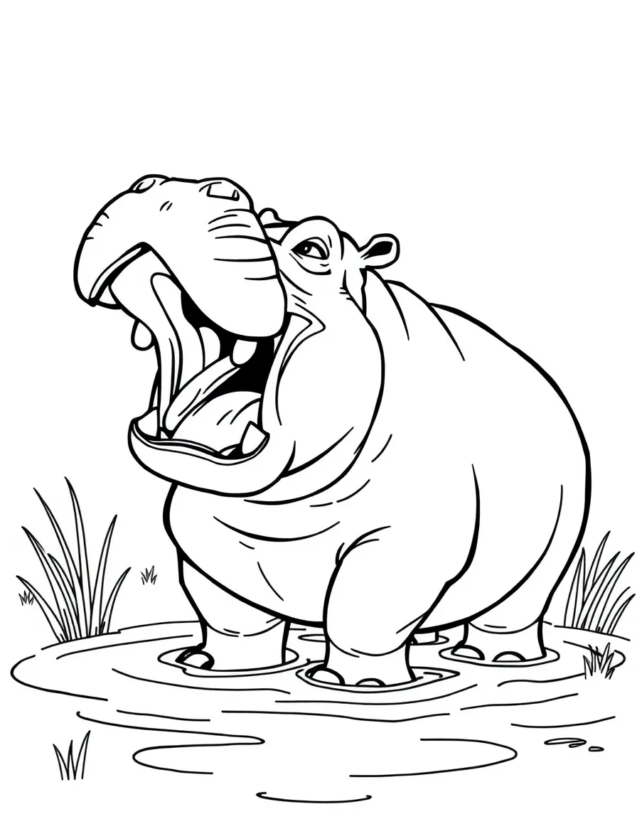 A heavy hippo yawning while standing in mud