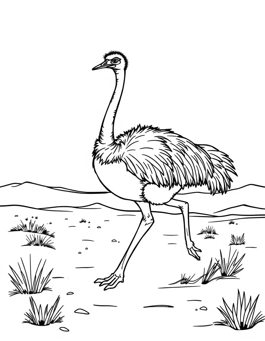 A long-necked ostrich running across the desert