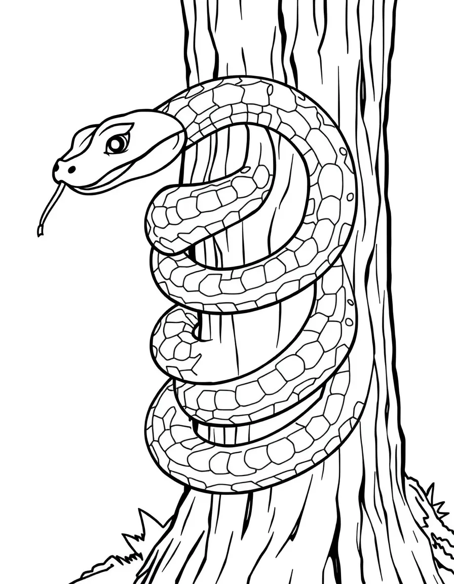 A slithering snake coiled around a tree trunk