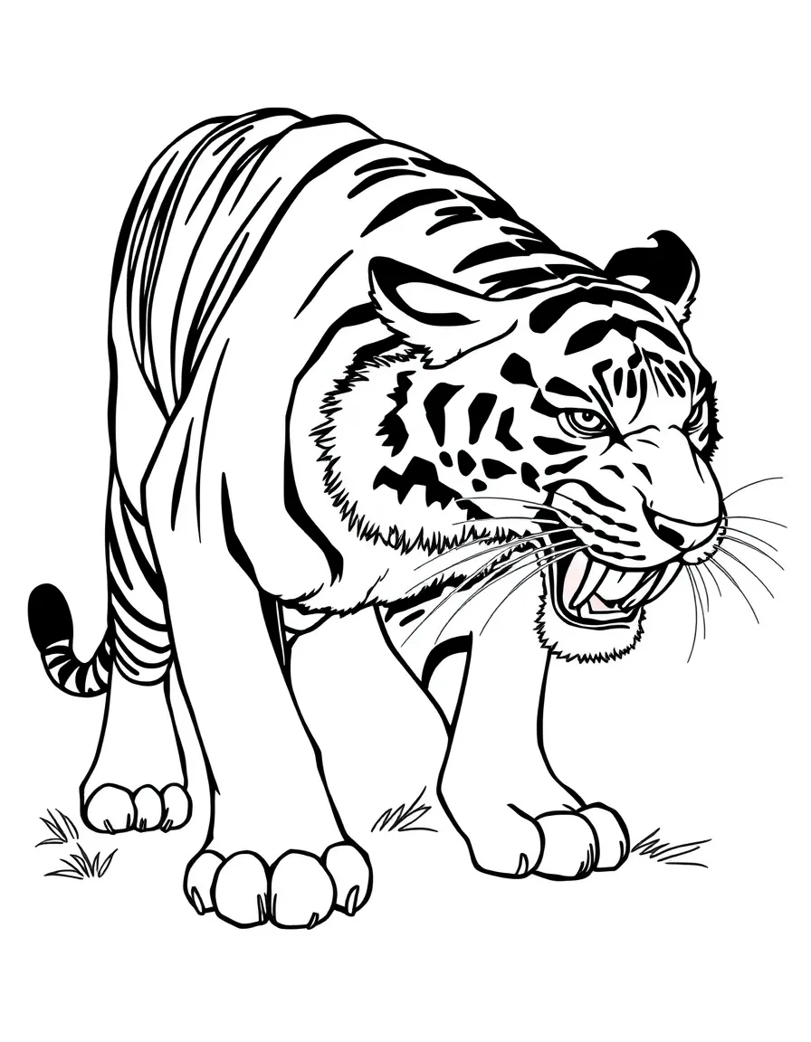 A fierce tiger with bold black stripes prowling