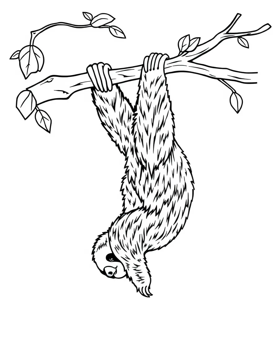 A slow-moving sloth hanging upside down from a branch