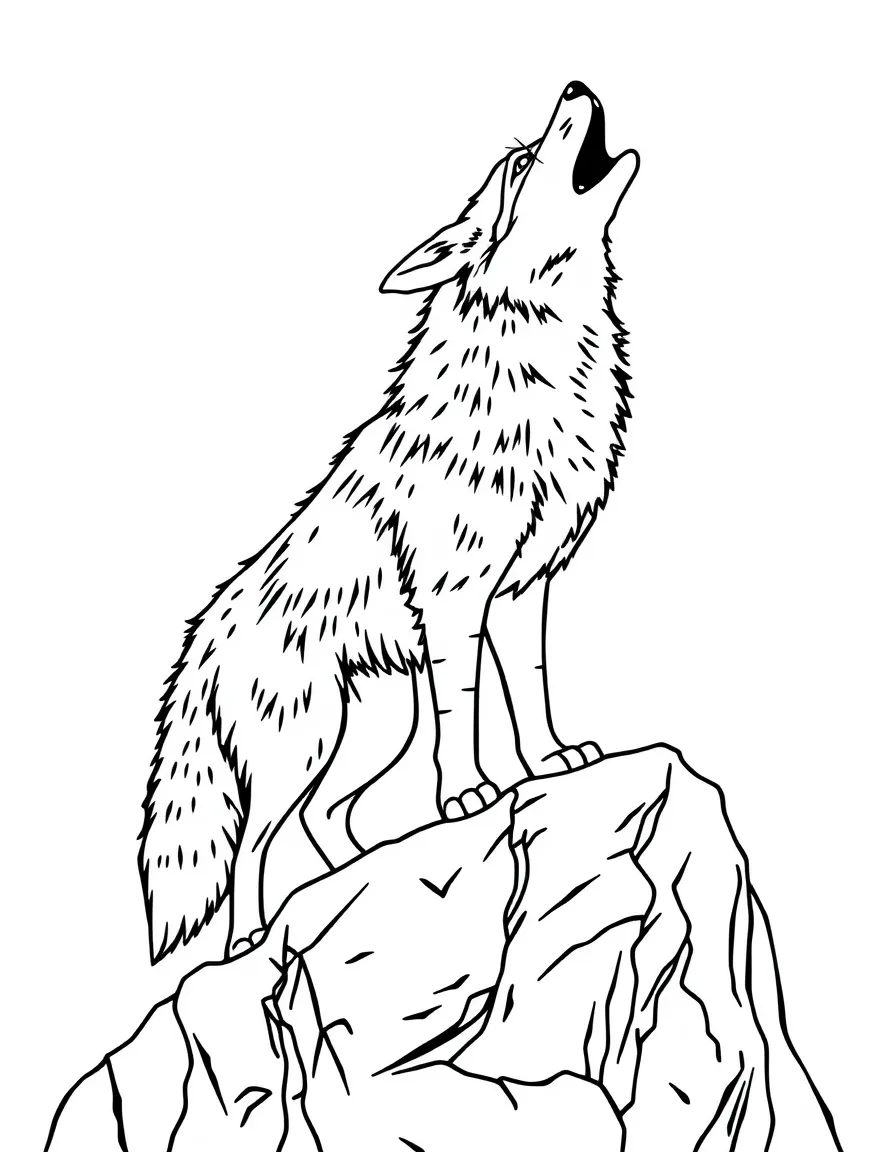 A howling coyote standing on a rocky cliff