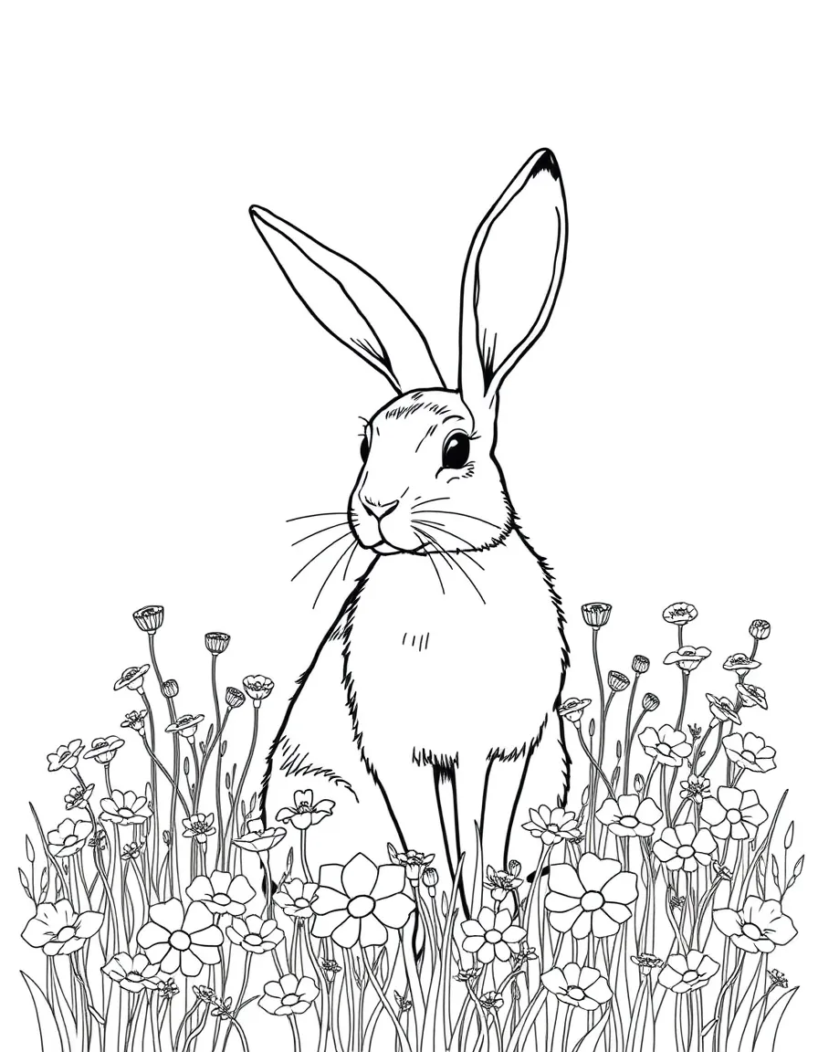 A long-eared hare sitting in a field of wildflowers