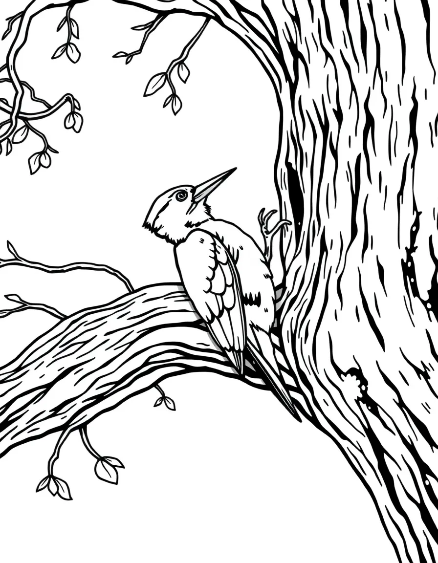 A busy woodpecker tapping on an old oak tree