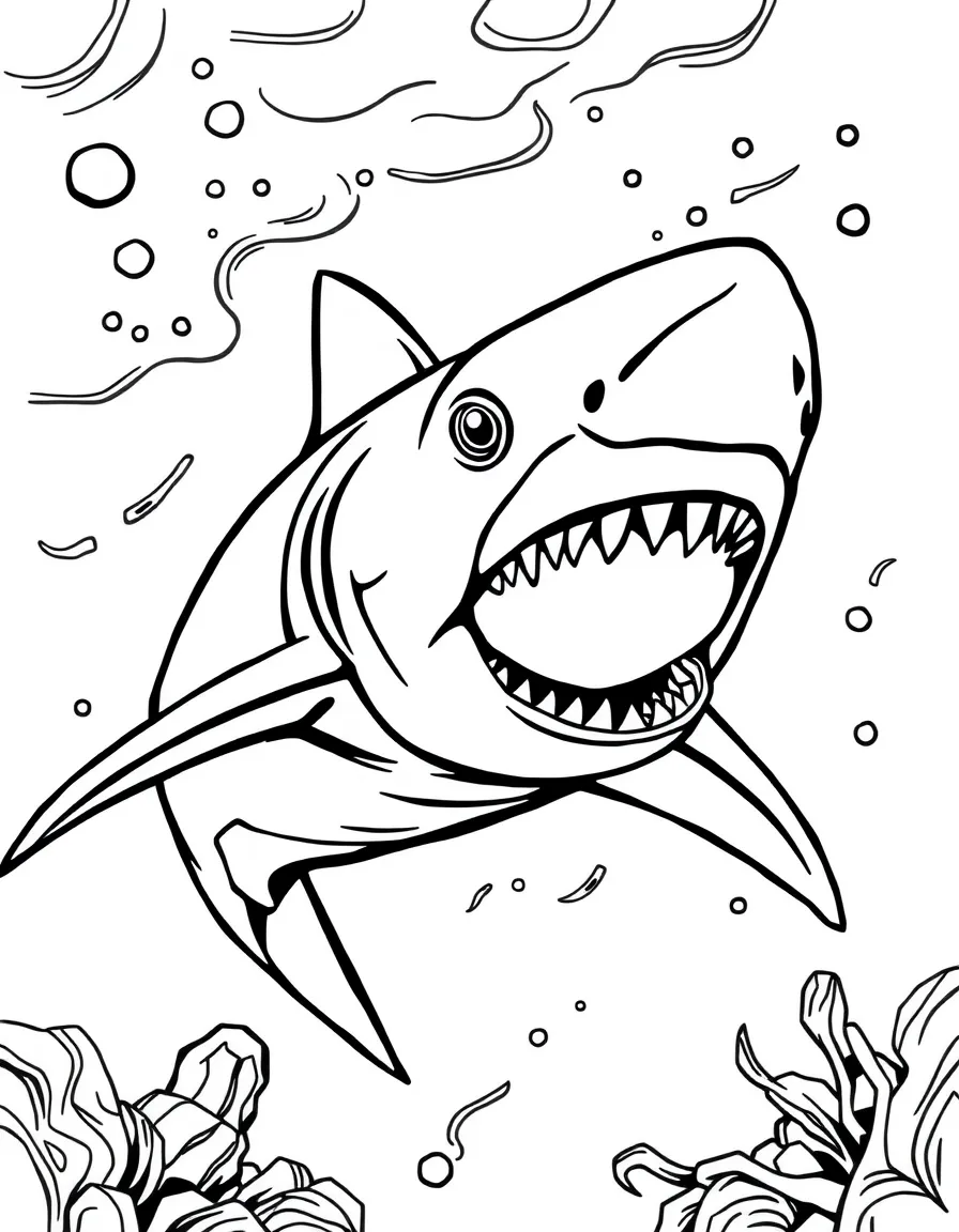 A fierce shark swimming in deep blue water