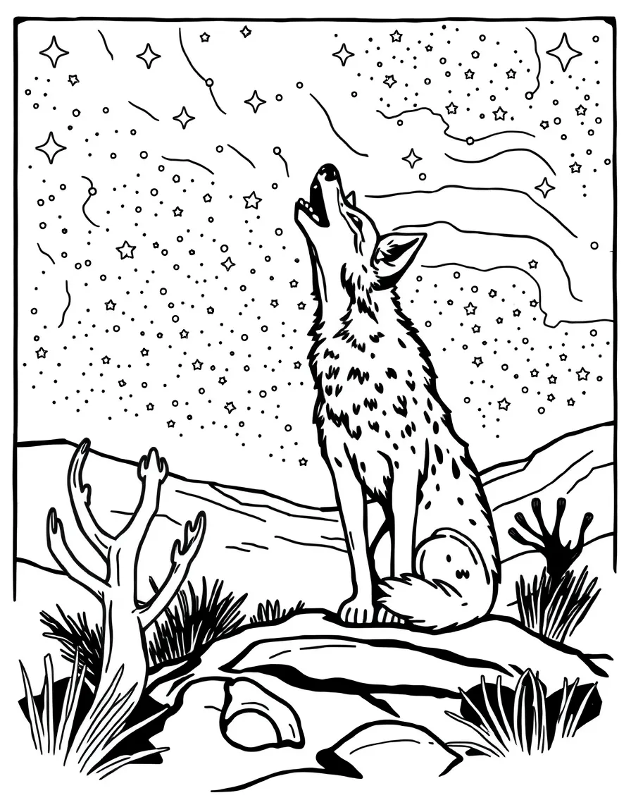A howling jackal under a starry desert sky