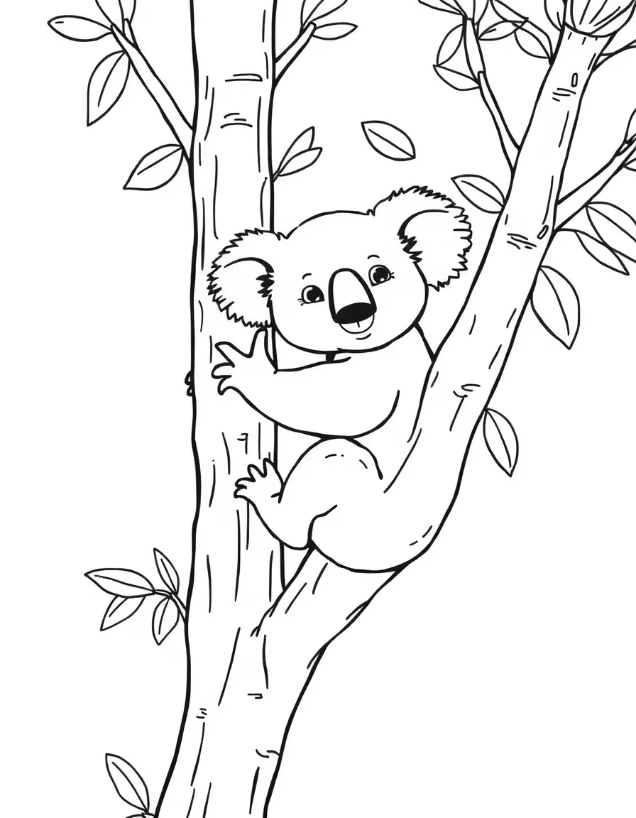A climbing koala hugging a eucalyptus tree