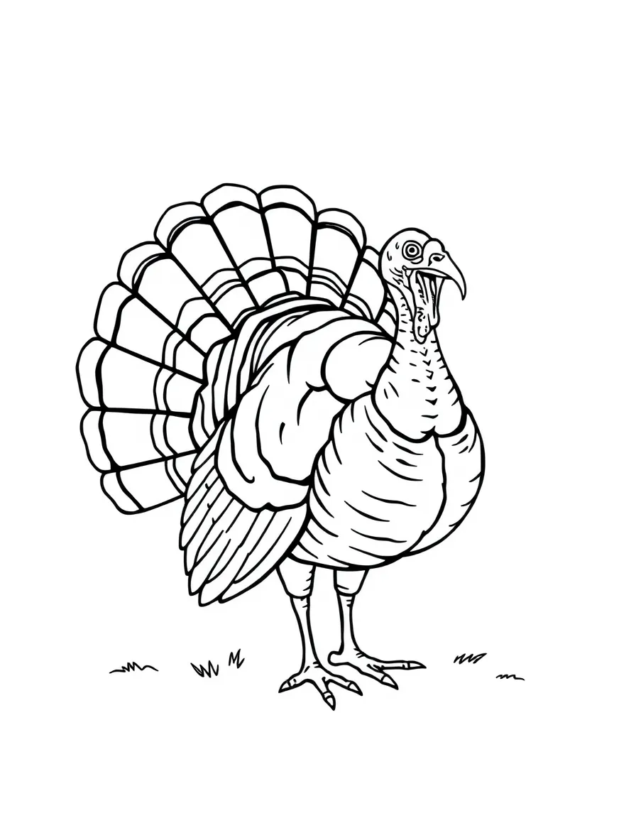 A gobbling wild turkey displaying its fan tail