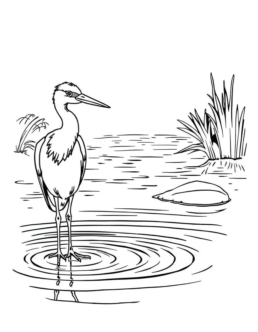 A wading heron standing still in shallow water