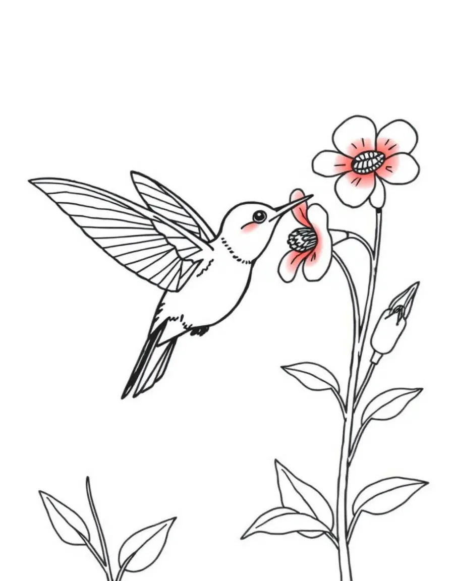 A tiny hummingbird hovering near red flowers