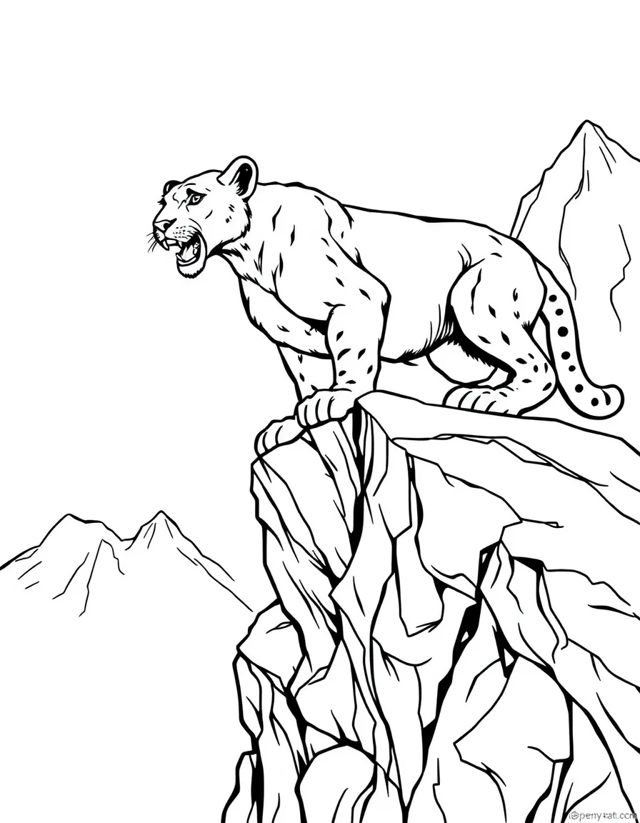 A climbing mountain lion on rocky ledges