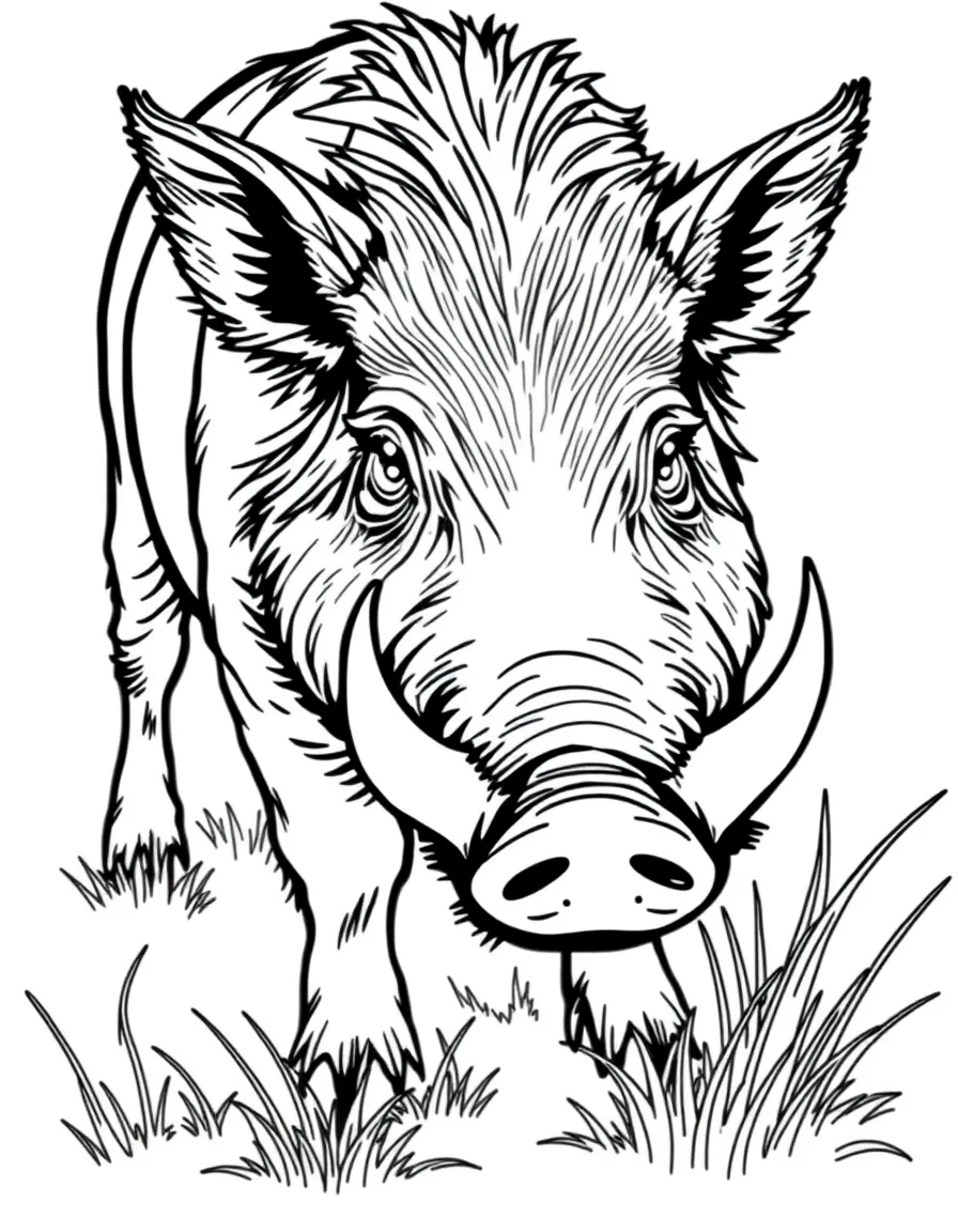 A grazing wild boar with small tusks