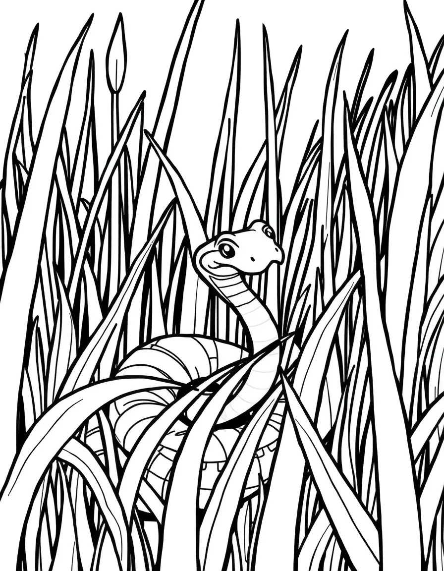 A slithering grass snake hiding in tall weeds