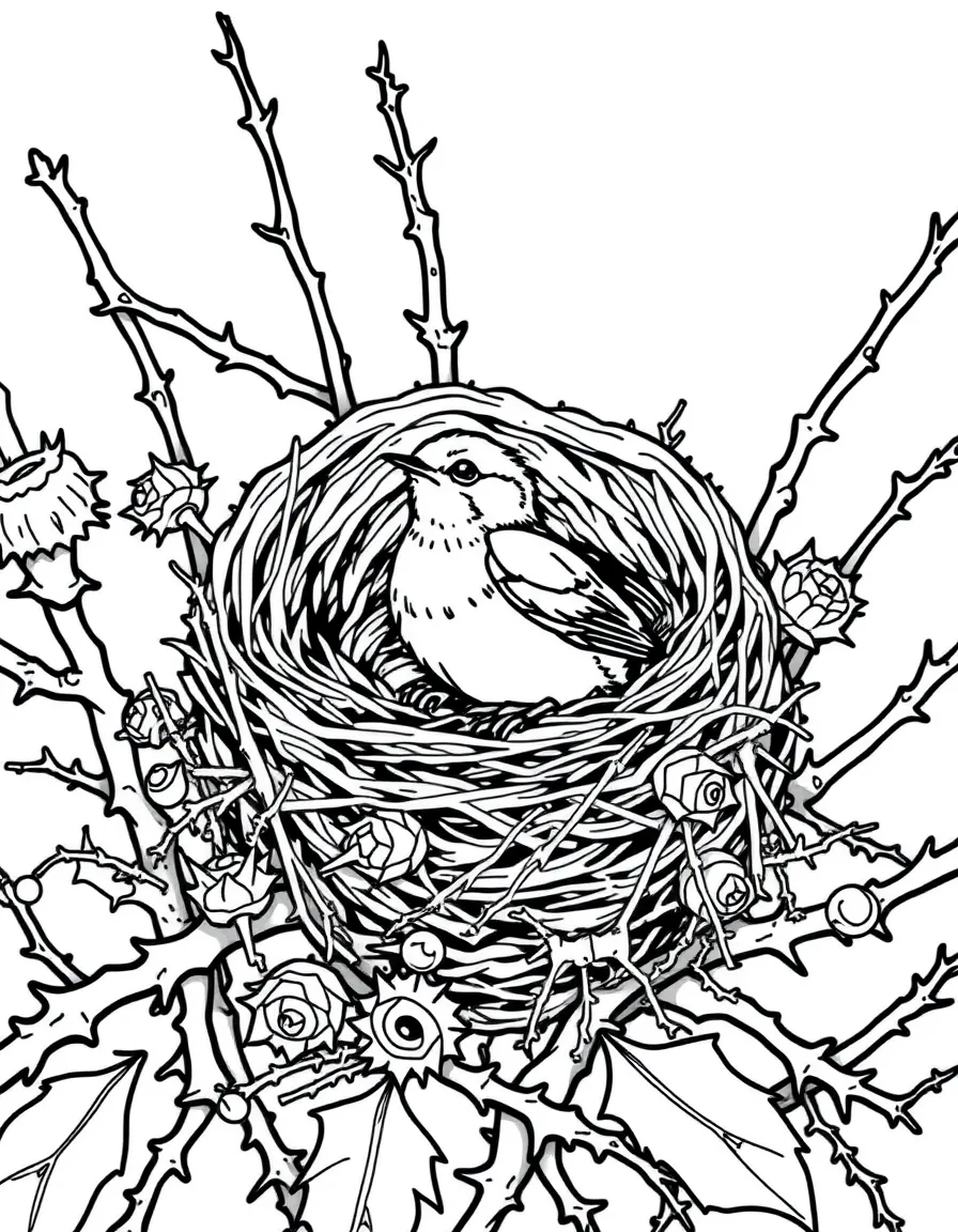 A tiny wren building a nest in thorny bushes