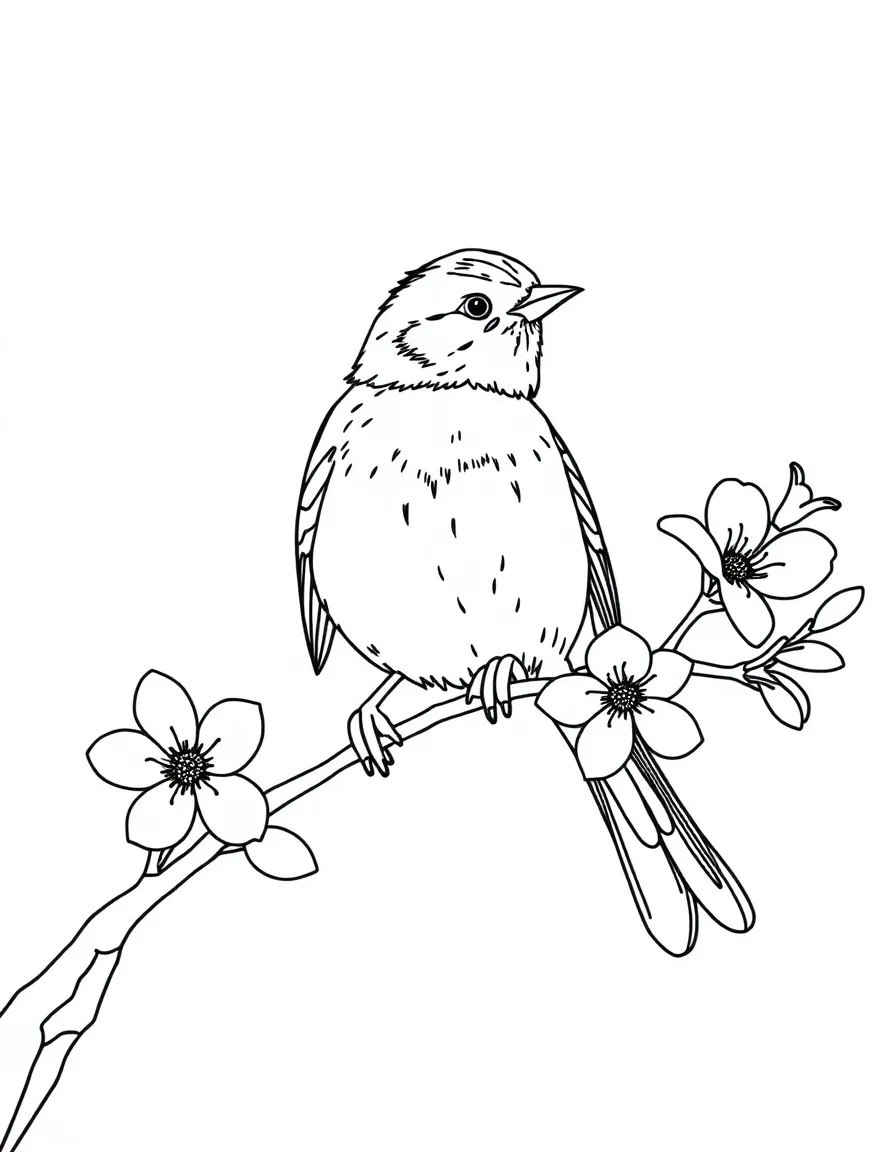 A perching sparrow on a flowering branch