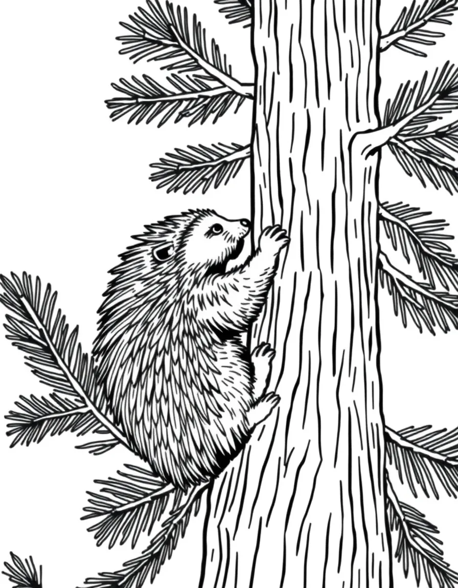 A climbing porcupine in a tall pine tree