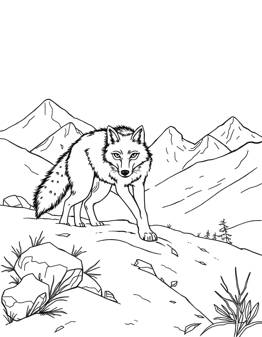 A prowling mountain coyote in snowy terrain